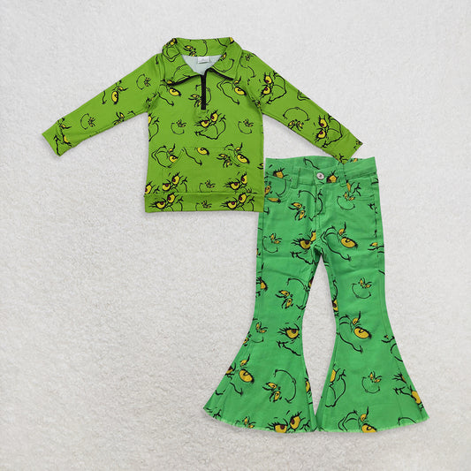 RTS Sibling Baby Girls Winter Outfits Kids Green Face Christmas Zipper Pullover Long Sleeve Onesie with Denim Pants Set