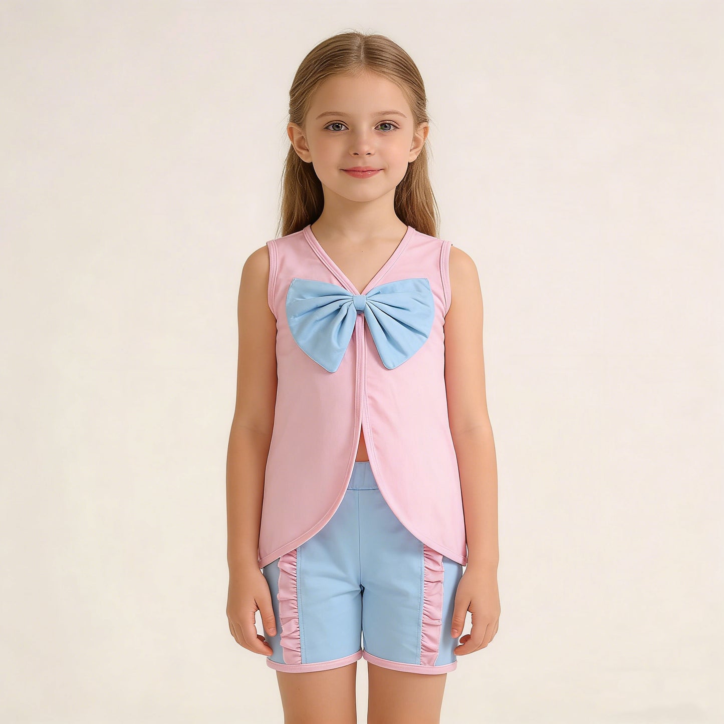 4.1 RTS NO MOQ （In stock）GSSO3462 Sleeveless bow pink tunic light blue shorts girls summer outfits