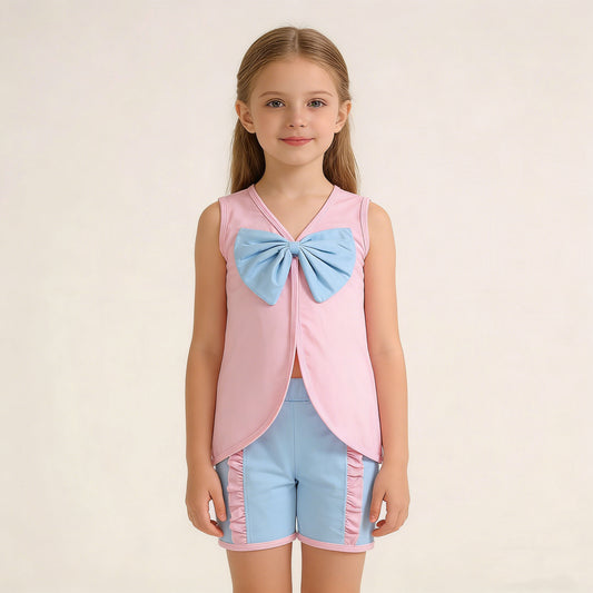 4.1 RTS NO MOQ （In stock）GSSO3462 Sleeveless bow pink tunic light blue shorts girls summer outfits