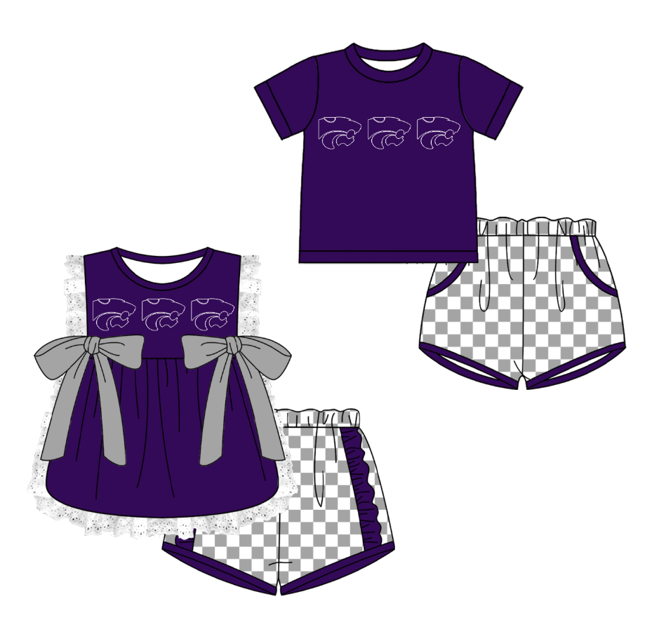 CUSTOM MOQ 5 Cute Comfortable Clothing For Kids Sibling Boys Baby Girls Summer Purple Bow Top Gray Checked Shorts Team Clothes Sets