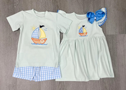 Baby Boys Sailboat Tee Shirts Checkered Shorts Clothing Sets and Baby Girls Summer Sailboat Flutter Sleeve Knee Length Dresses Preorder