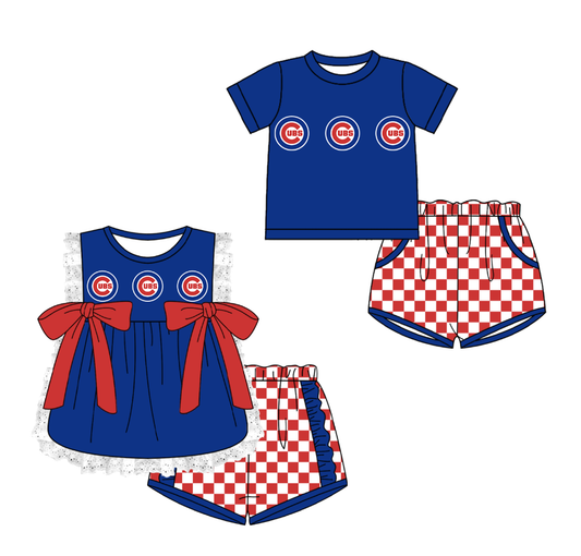 CUSTOM MOQ 5 Cute Comfortable Clothing For Kids Sibling Boys Baby Girls Summer Blue UBS Top Checked Shorts Team Clothes Sets