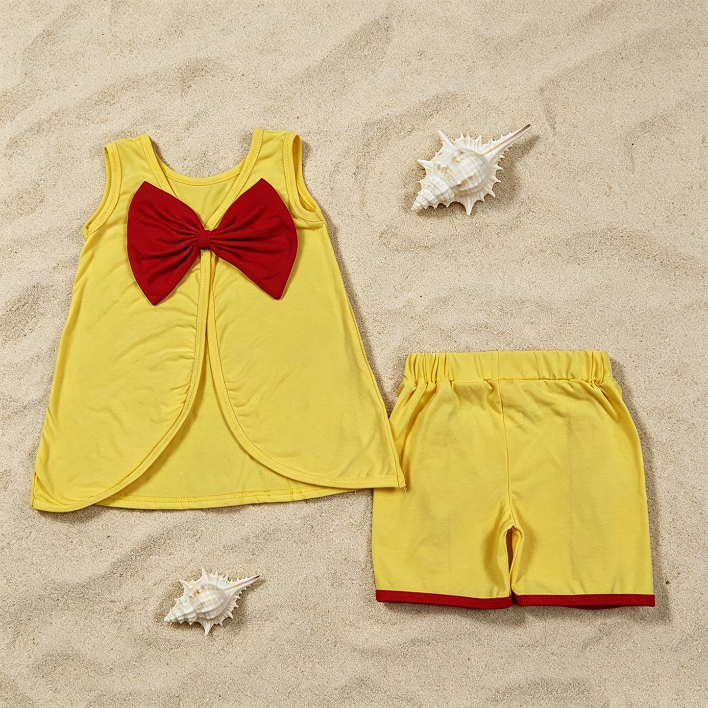 GSSO3466 RTS NO MOQ （In stock ）Sleeveless red bow top yellow shorts princess girls outfits
