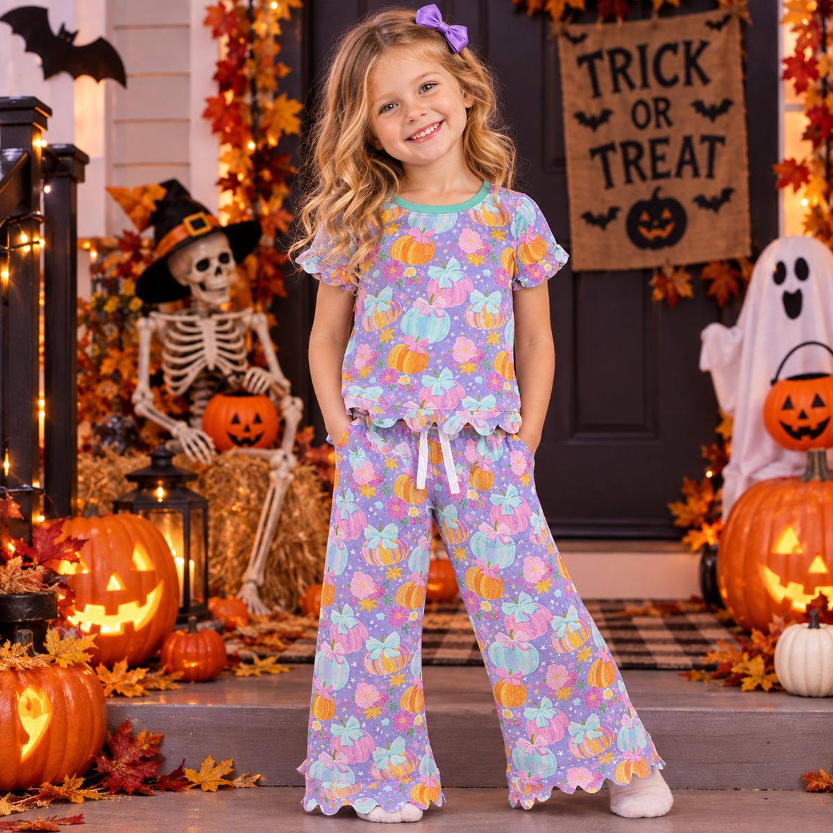 RTS NO MOQ （In stock）milk silk GSPO2364 Baby Girls Colorful Flowers Pumpkins Top Pants Fall Scallop Clothes Set
