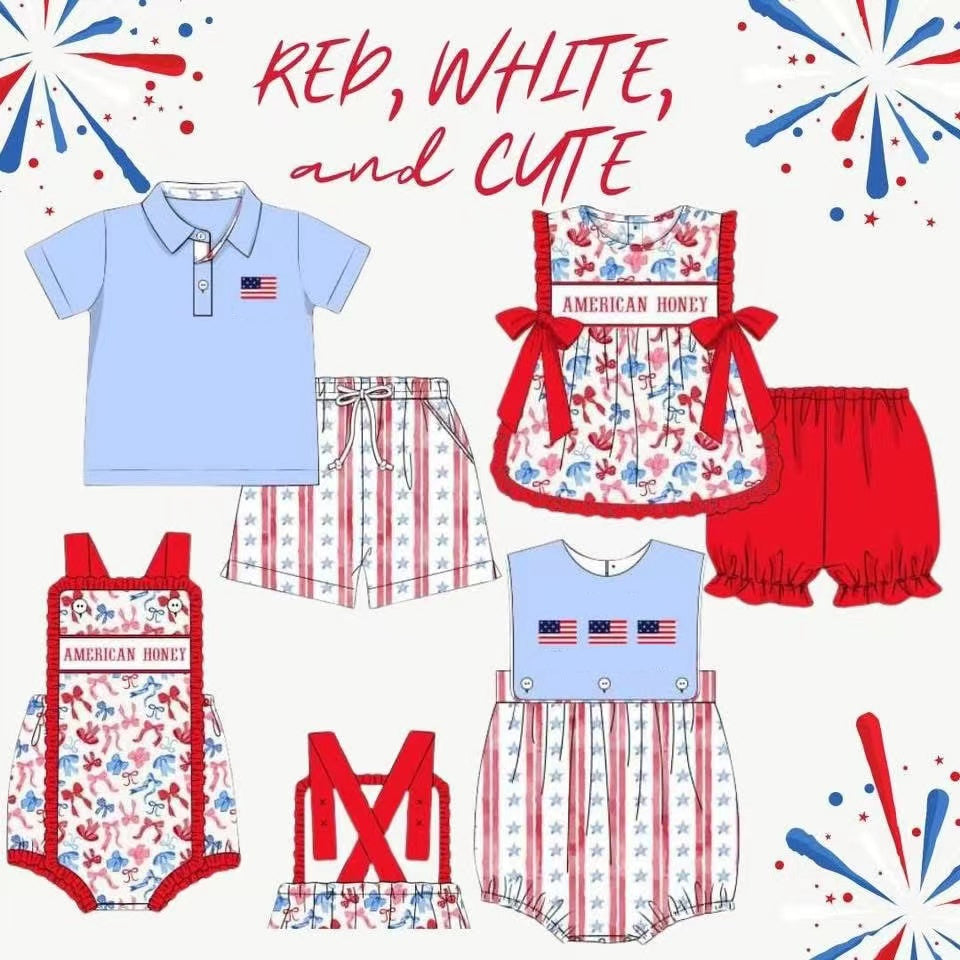 8.26 Pre order Baby Boys Baby Girls American Honey Red Blue Butterfly Dress Ruffle Short July 4th Outfit