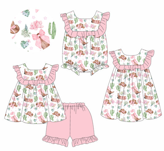 Pink ruffle cactus boots hat western girls clothing set