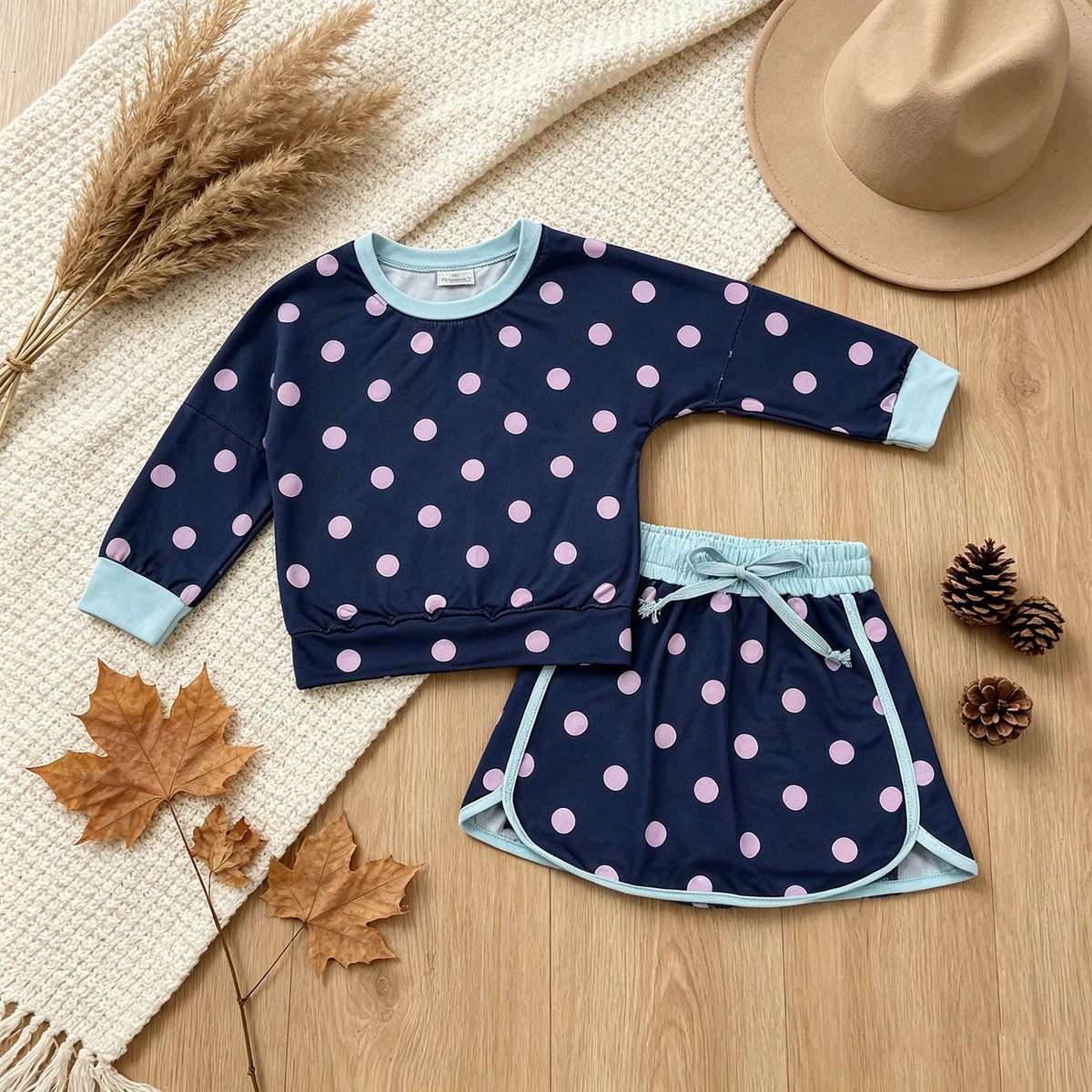 RTS NO MOQ milk silk GLD1762 Baby Girls Navy Pink Polka Dot Long Sleeve Sweatshirt And Drawstring Skort Set