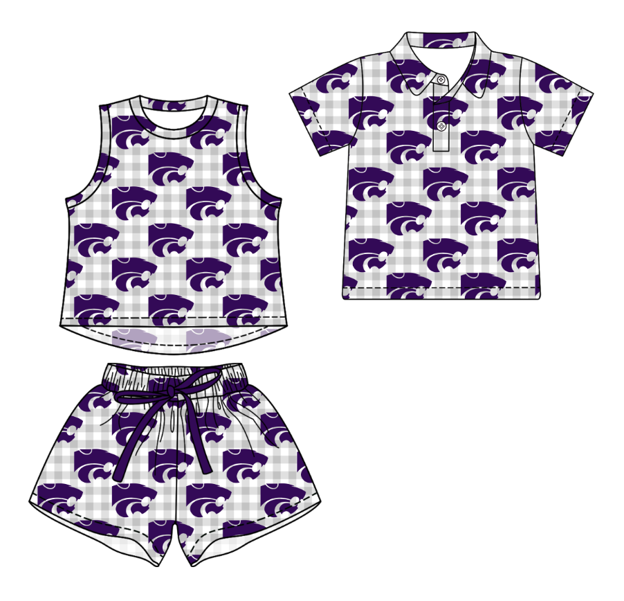 3.14 CUSTOM MOQ 5 Sibling Boys Baby Girls Summer Fashion Gray Check Purple Sleeveless Top Shorts Button Polo Shirts Team Clothes Sets