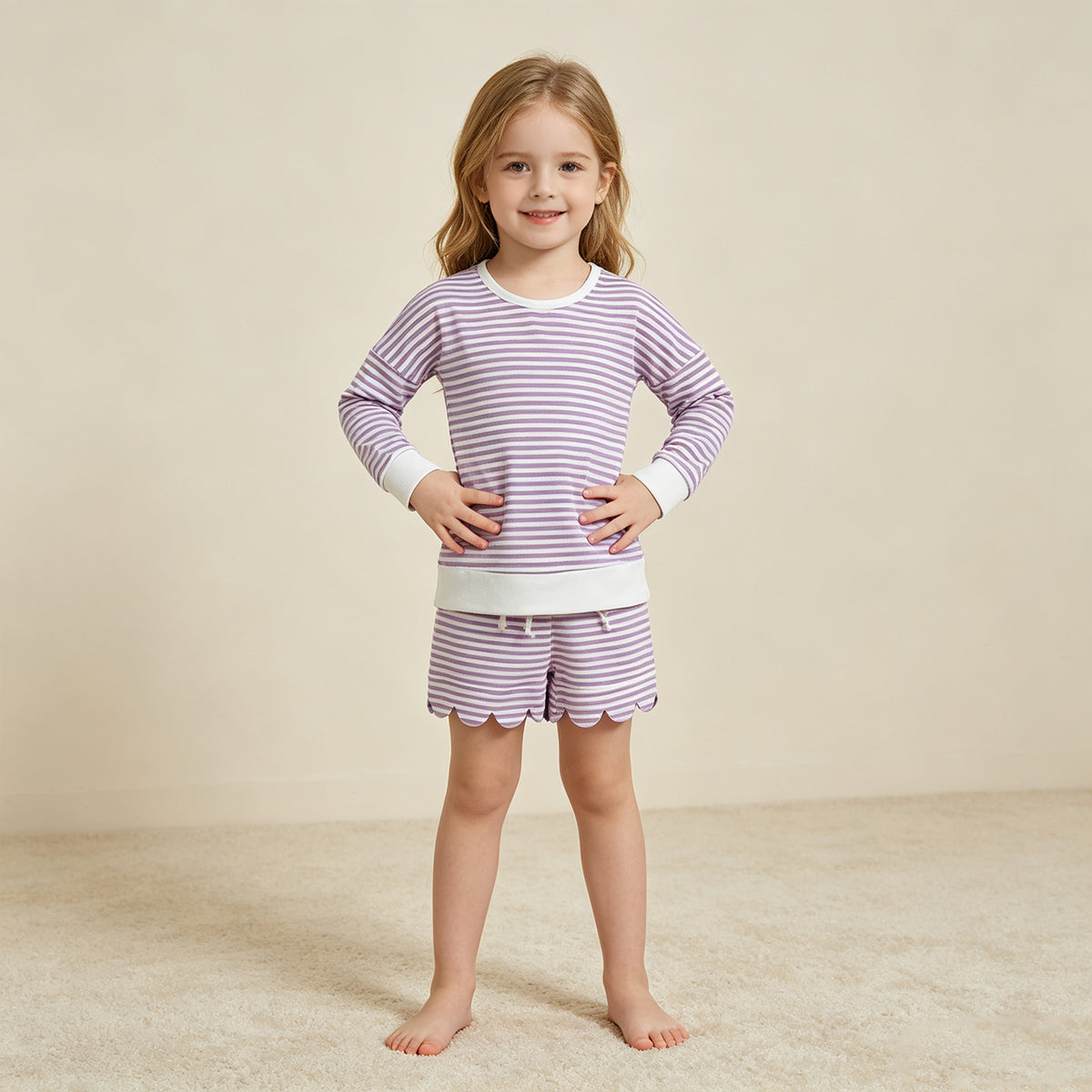 RTS NO MOQ （In stock） yoga fabric GLS0155 Yoga Baby Girls Purple Stripe Shirt Top Scallop Short Yoga Active Set