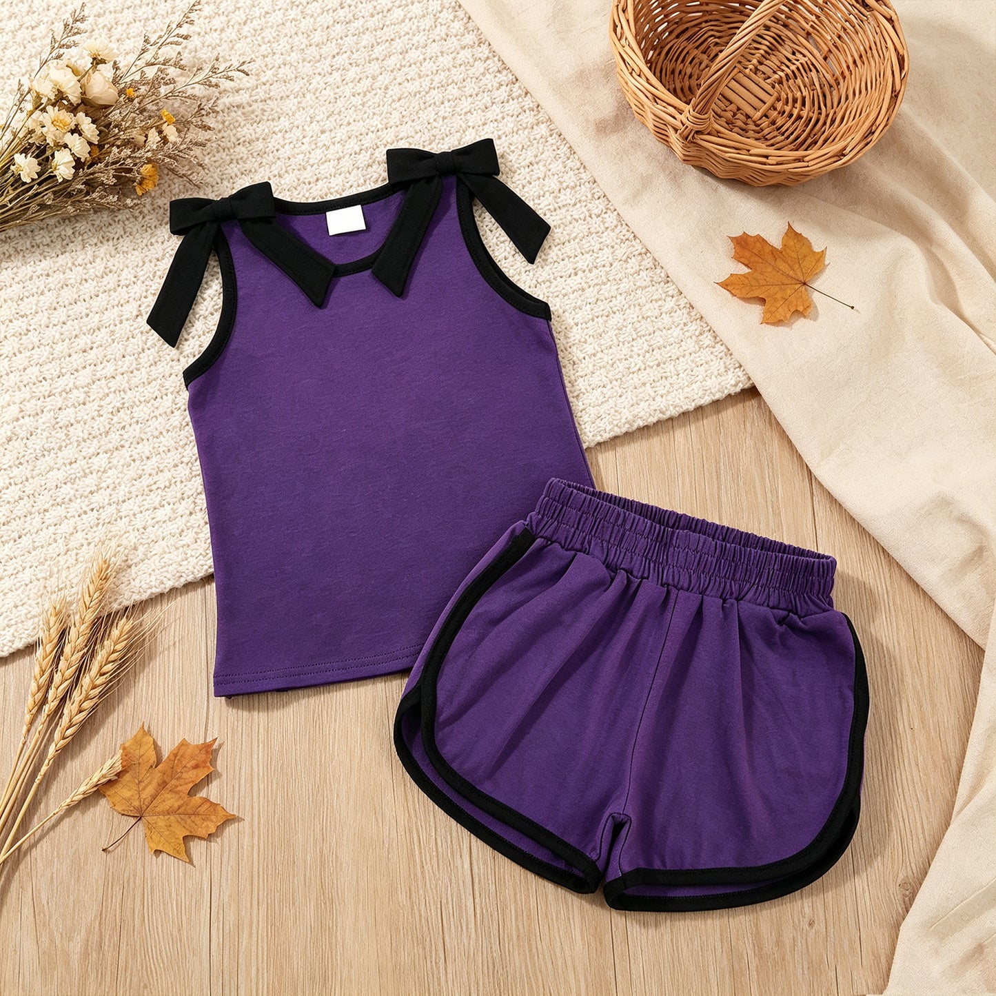 RTS NO MOQ （In stock）cotton GSSO3815 Baby Girls Purple Black Bows Sleeveless Top Short Sets