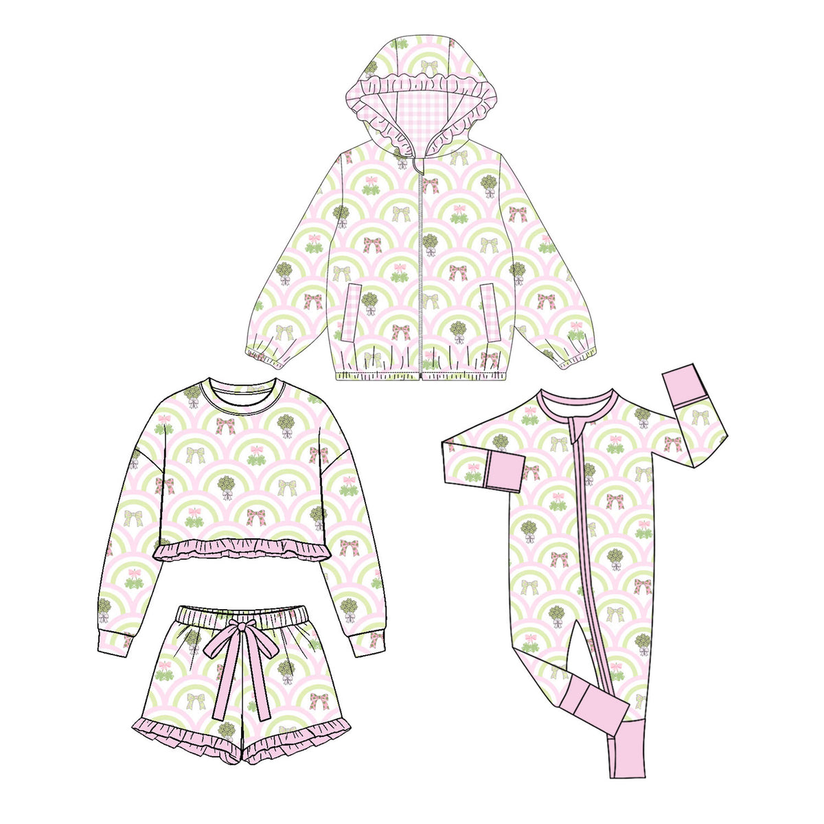 (Preorder new) No moq Baby Girls Heart Print Hooded Jacket Top Shorts Set Ruffle Zip Romper