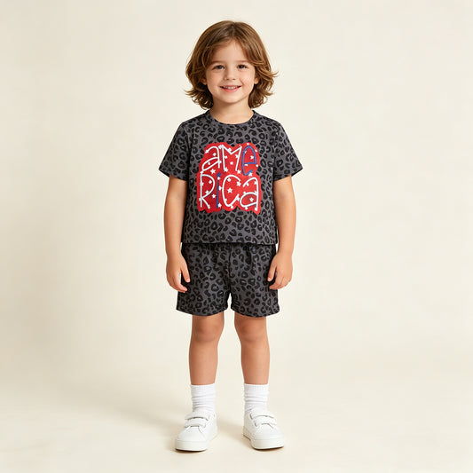 GSSO2576 RTS NO MOQ （In stock ）Short sleeves black leopard America girls 4th of july set
