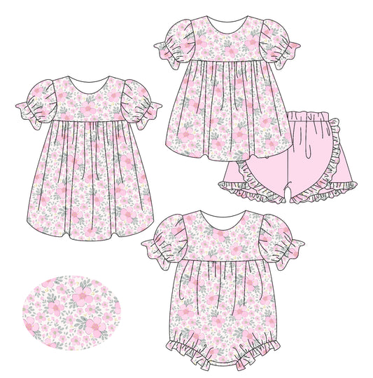 Girls Outfit Short Sleeve Pink Floral Tunic Top with Ruffle Shorts Set Cute Children's Clothing for Ages 5-12
