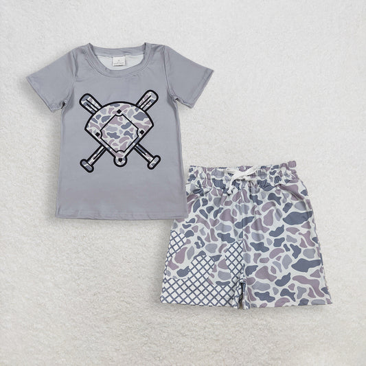3.14 RTS NO MOQ （In stock）BT1421 + S0586 Fashion Clothing For Baby Boys Light Grey Camo Baseballs Short Sleeve Team T-shirts Top Drip Team Shorts Bottom