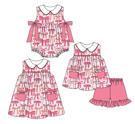 Girls Sleeveless Bow Pocket Tunic Short Set Pink Casual Comfortable Clothing for Kids