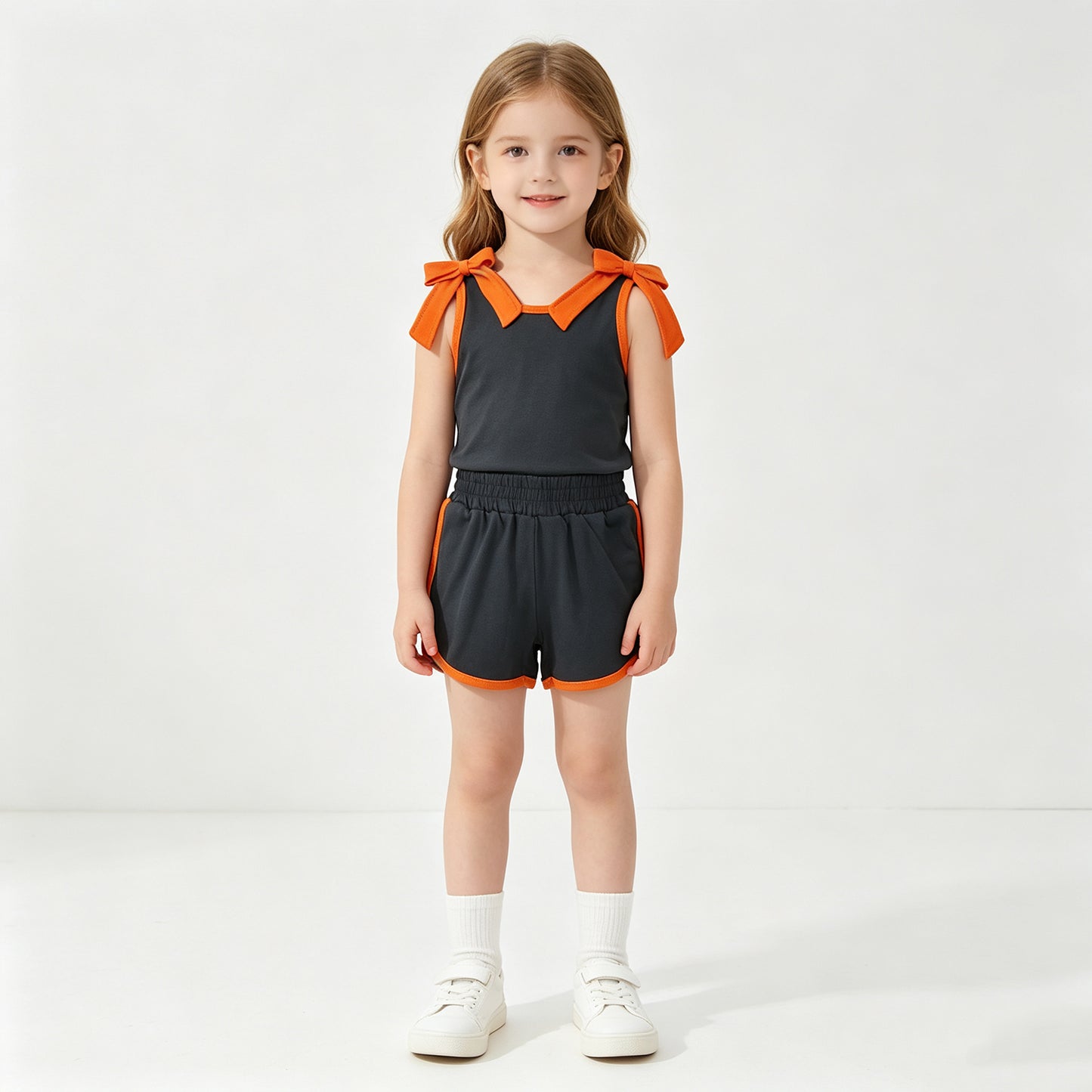 GSSO3822 RTS NO MOQ （In stock）cotton Baby Girls Orange Black Bow Print Sleeveless Top Shorts Summer Set