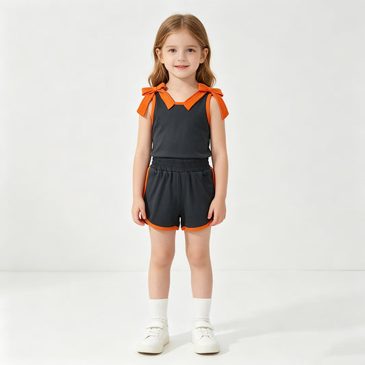 GSSO3822 RTS NO MOQ （In stock）cotton Baby Girls Orange Black Bow Print Sleeveless Top Shorts Summer Set
