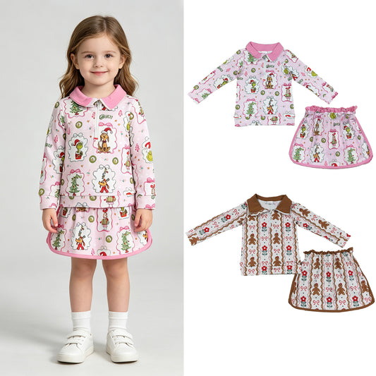 RTS NO MOQ Sibling Baby Girls Floral Gingerbread Bow Print Zip Front Top Skort Two Piece Christmas Outfit Set