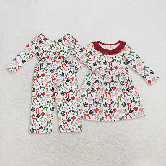 RTS Sibling Baby Long Sleeves Red Green Bow Christmas Jumpsuit Dress Festive Holiday Outfit for Children