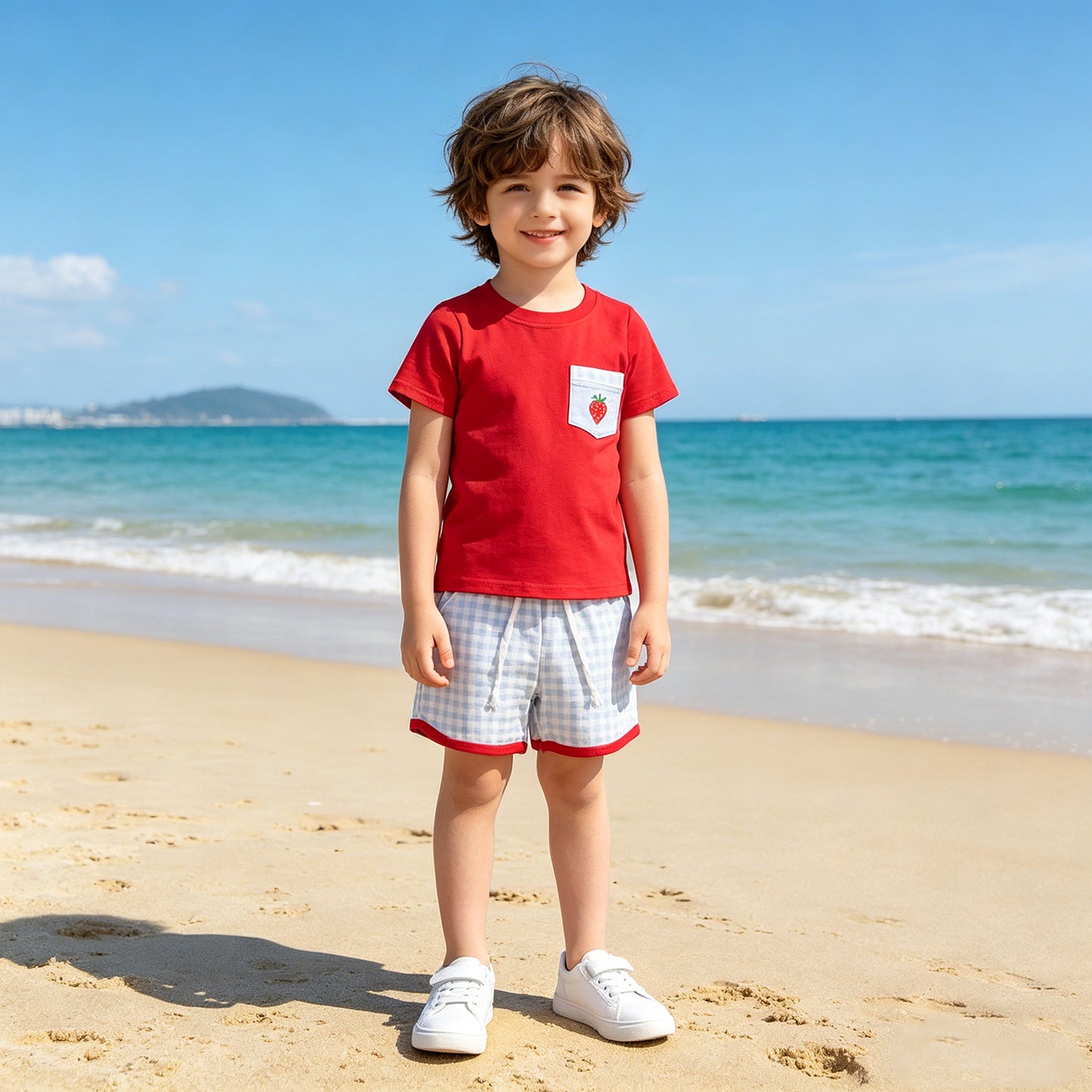 BSSO1692 RTS NO MOQ （In stock ）Short sleeves strawberry pocket top plaid shorts boys outfits