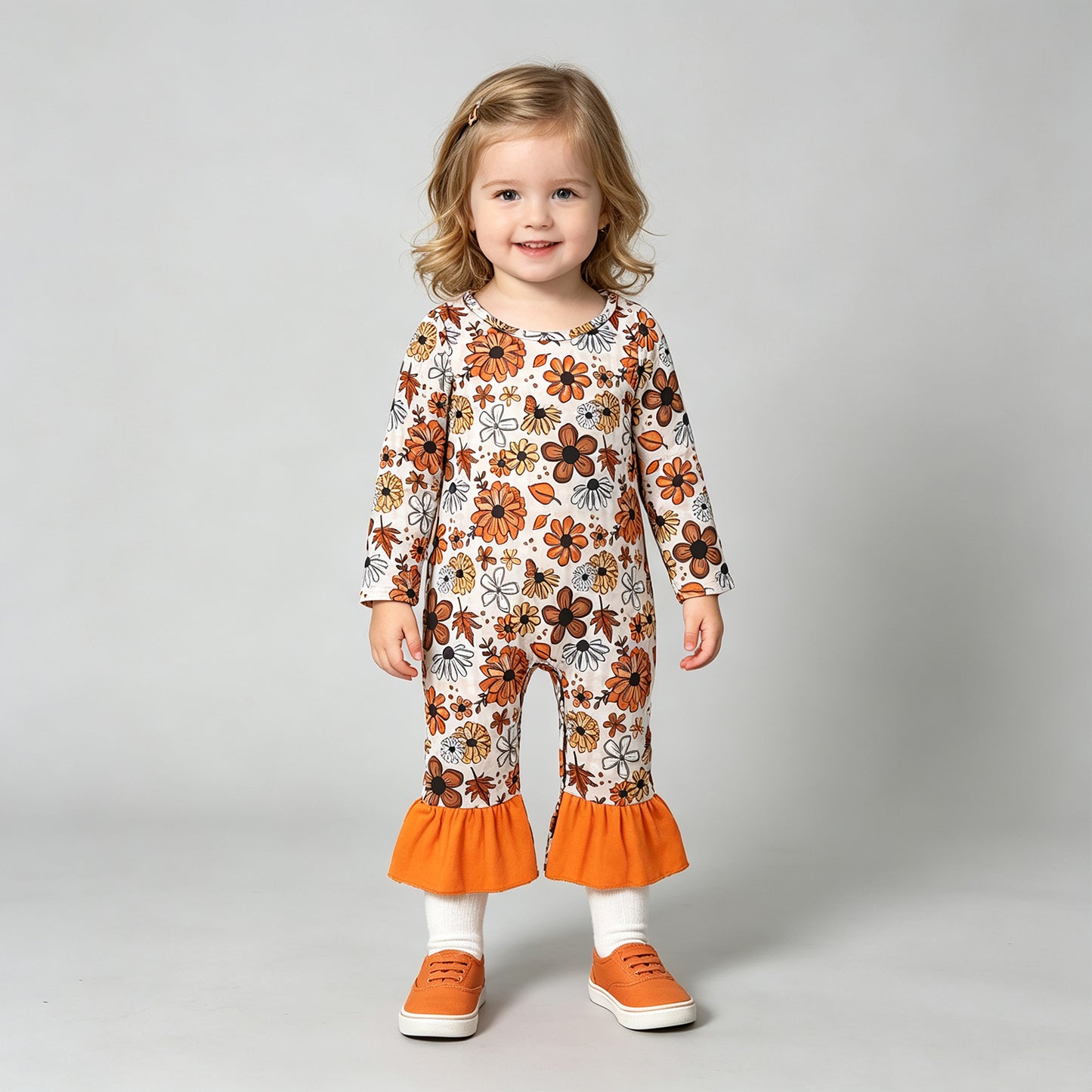 LR3025 RTS NO MOQ （In stock）milk silk Baby Girls Colorful Flowers Cute Long Sleeve Ruffle Rompers（副本）