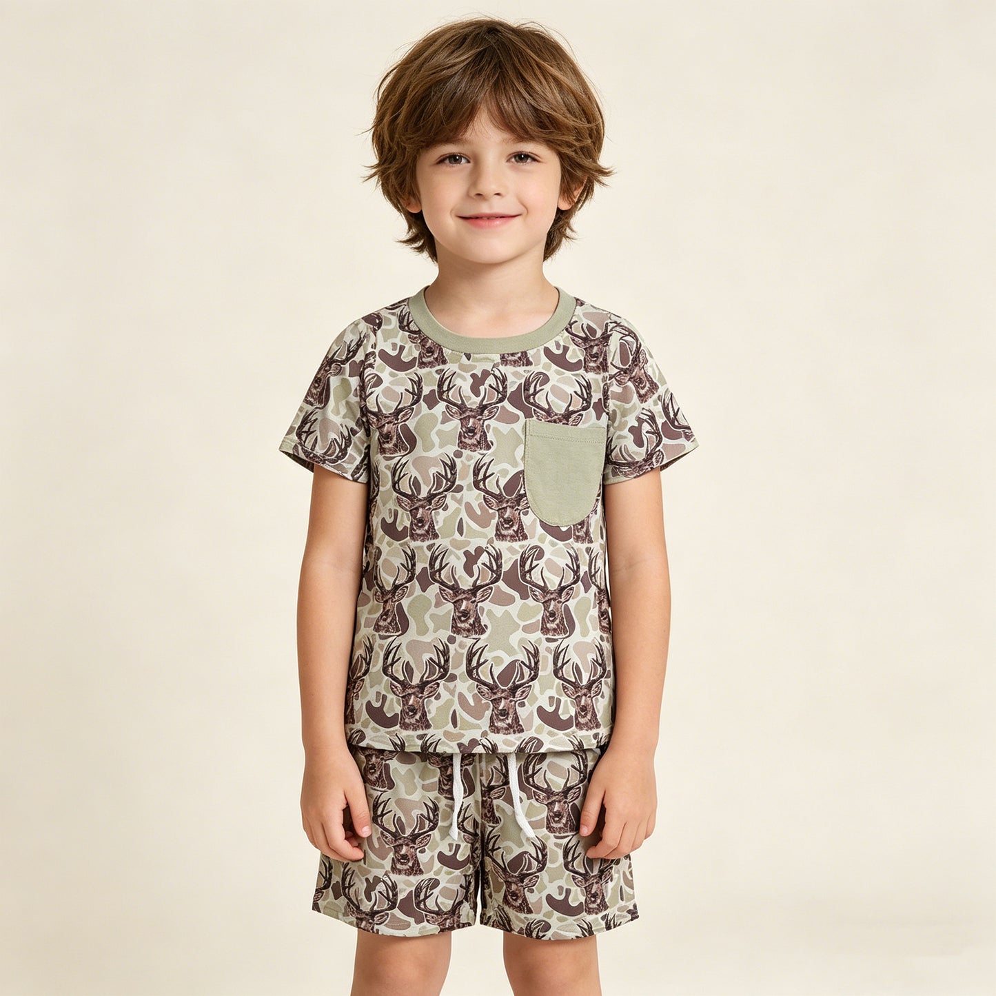 BSSO1794 RTS NO MOQ （In stock ）Short sleeves deer camo pocket top shorts boys outfits