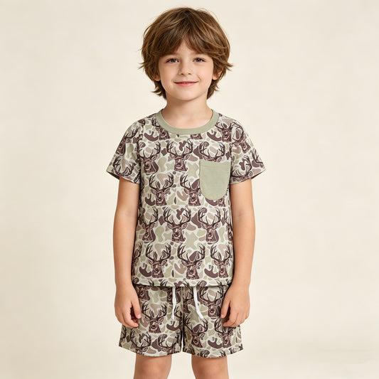 BSSO1794 RTS NO MOQ （In stock ）Short sleeves deer camo pocket top shorts boys outfits