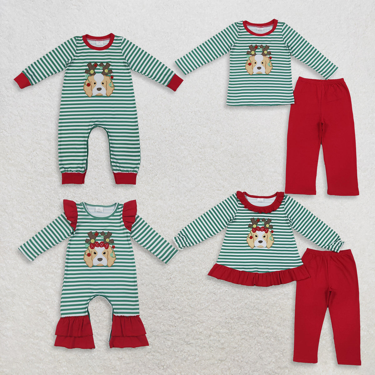 RTS NO MOQ Sibling milk silk Embroidery Baby Boys Girls Green White Stripe Christmas Reindeer Dog Print Romper And Ruffle Top Red Pant Set