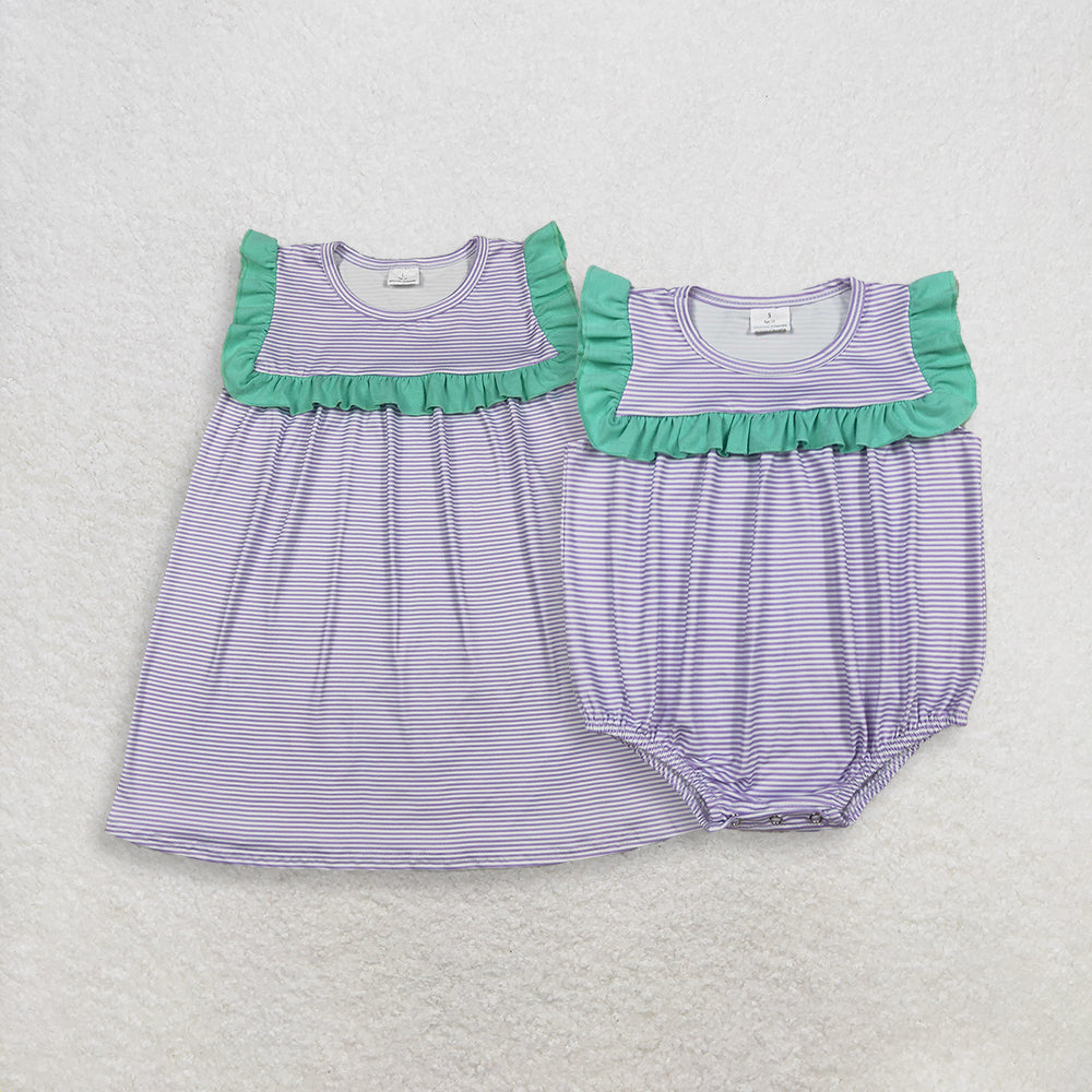 4.13 RTS Sibling Sleeveless ruffle stripe baby girls summer dresses and romper