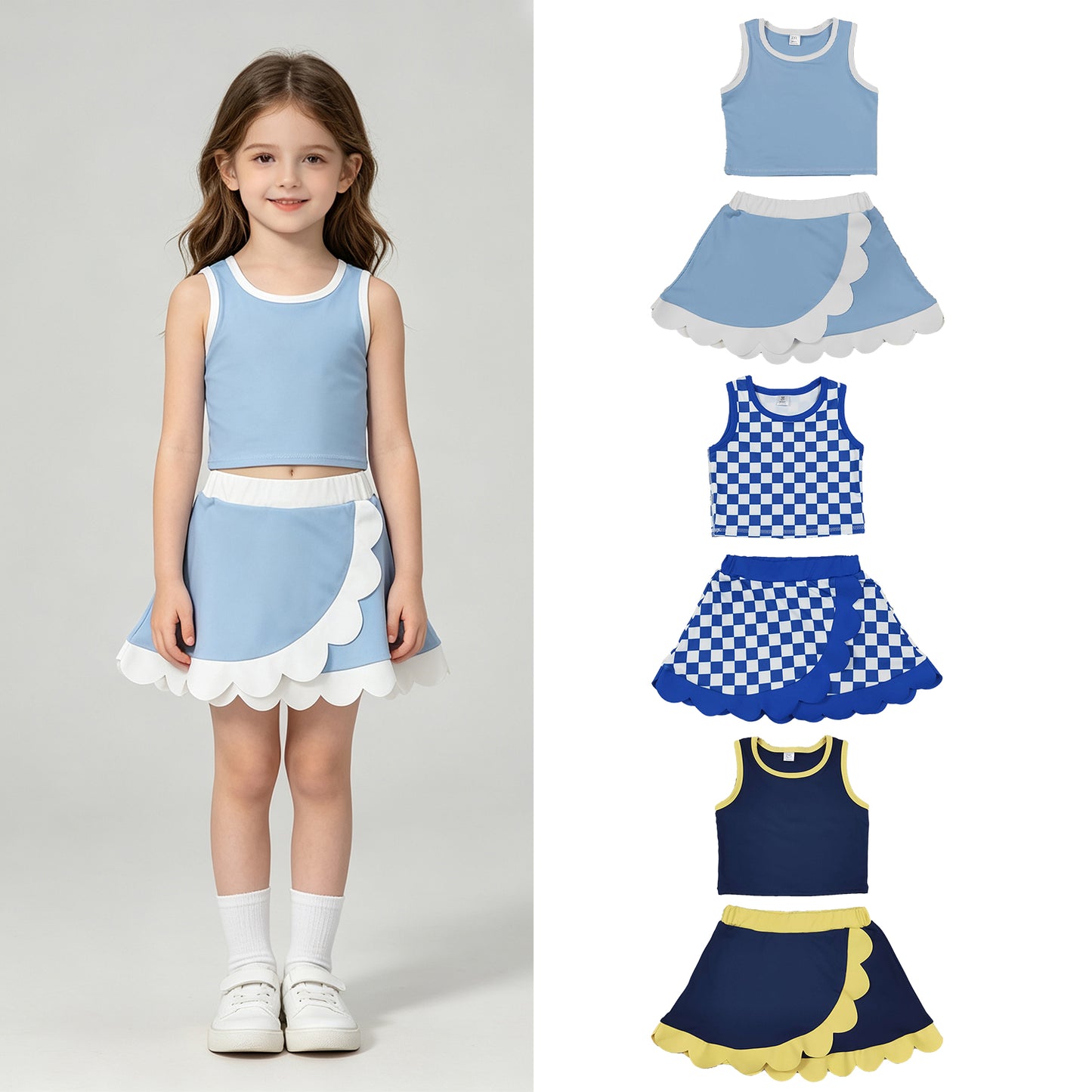 RTS Sibling yoga fabric Baby Girls Scallop Trim Crop Top Skort Two Piece Yoga Active Summer Outfit Set