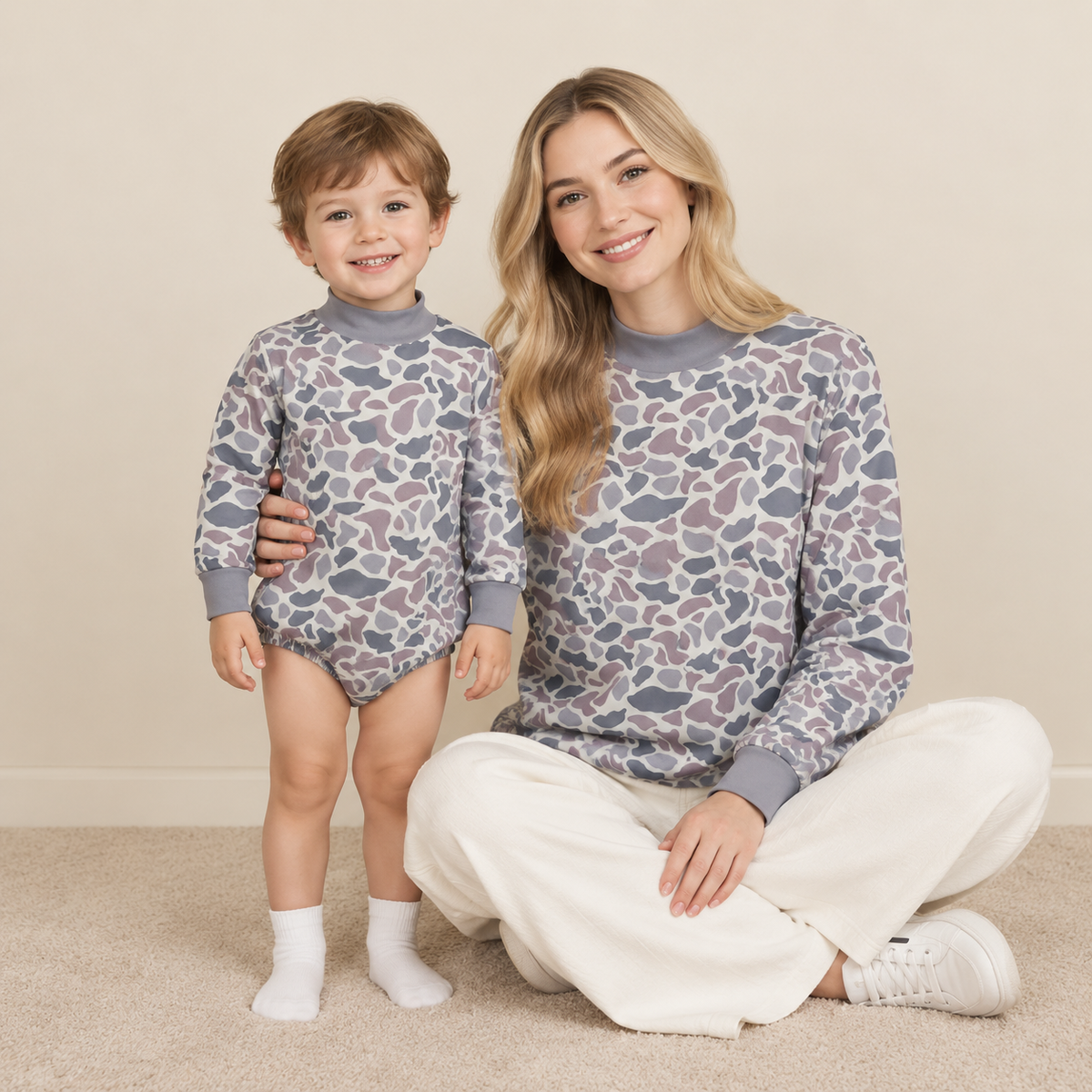 RTS NO MOQ Sibling yoga fabric Adult To Match Kids High Neck Camo Print Mock Neck Top Long Sleeve Romper