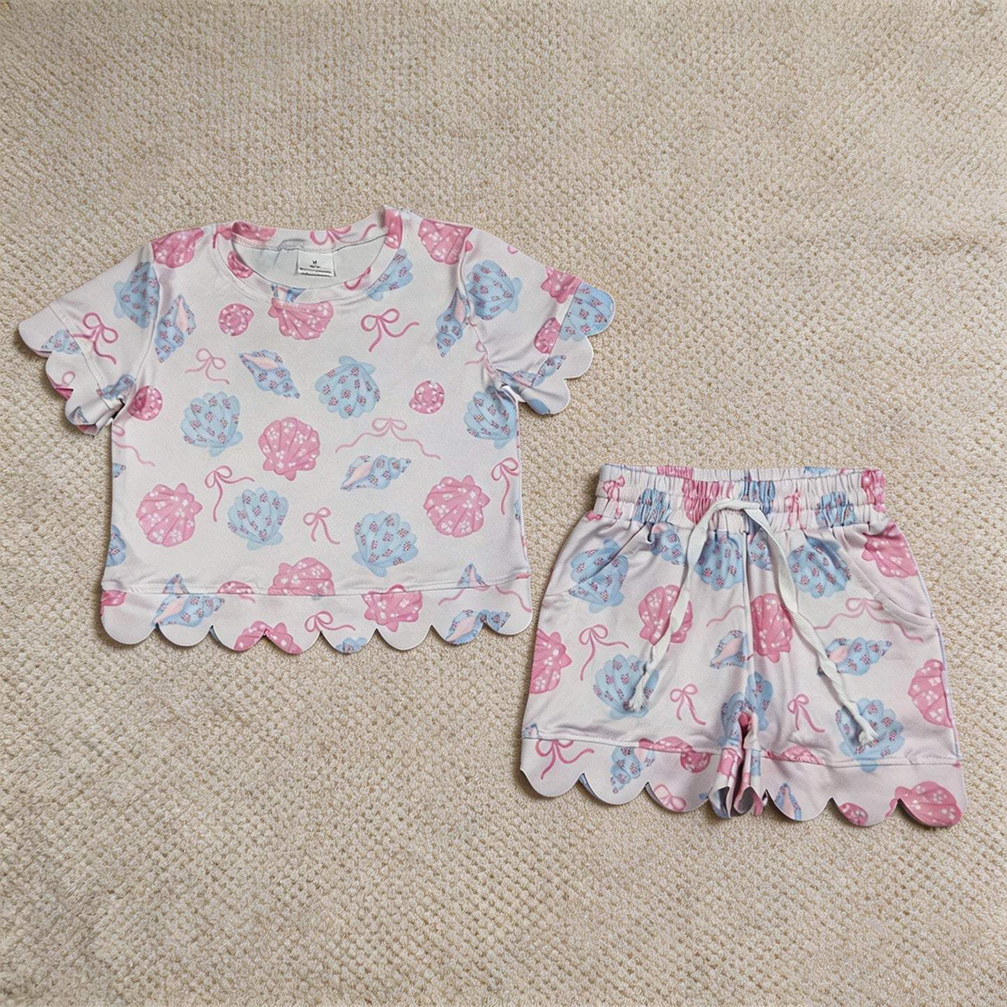 GSSO3731 RTS NO MOQ （In stock）Short sleeves scallop shell bow girls summer outfits