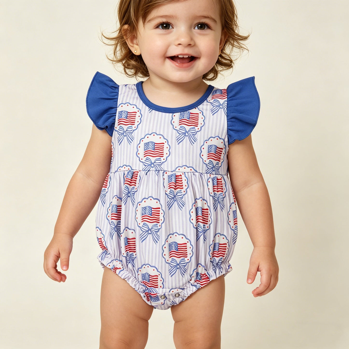 SR4029 RTS NO MOQ （In stock）Flutter sleeves bow flag stripe baby girls 4th of july romper