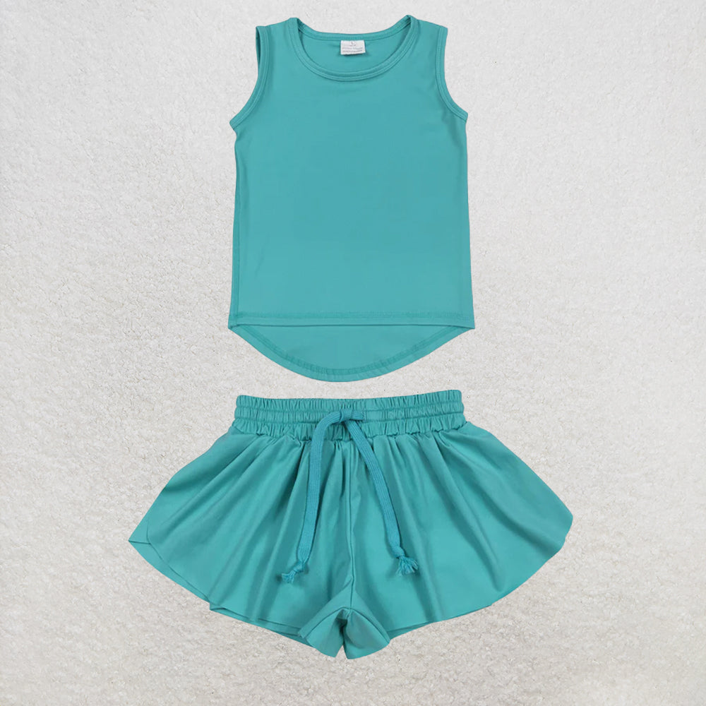 5.25 RTS NO MOQ （In stock）GT1018+SS0553 Teal sleeveless kids girls activewear top with activewear summer yoga shorts