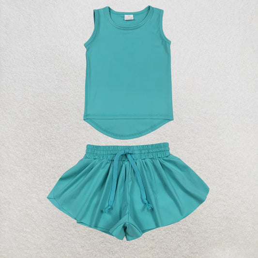 5.25 RTS NO MOQ （In stock）GT1018+SS0553 Teal sleeveless kids girls activewear top with activewear summer yoga shorts