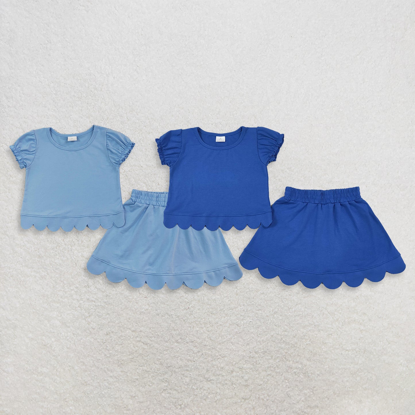 RTS Sibling cotton Baby Girls Blue Print Short Ruffle Sleeve Top Matching Scallop Skort Two Piece Clothes Set