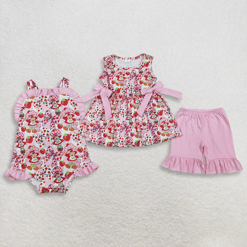 3.31 RTS Sibling Baby Strawberry Girls Bows Tunic Ruffle Short Clothes Set Back Bow Rompers