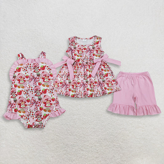 3.31 RTS Sibling Baby Strawberry Girls Bows Tunic Ruffle Short Clothes Set Back Bow Rompers