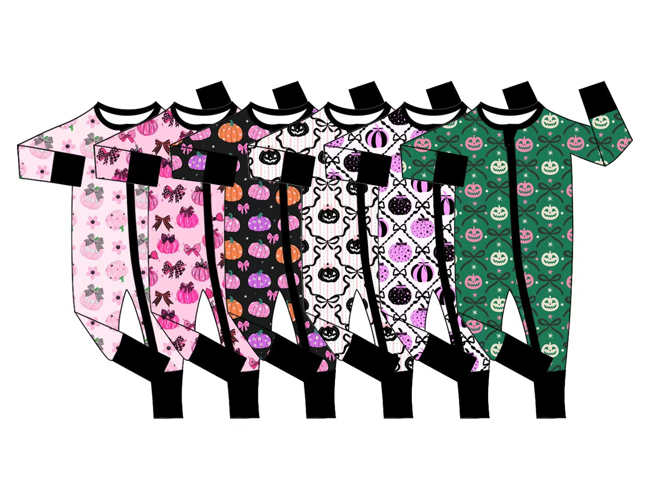 5.1 Pre Order No moq Baby Girls Long Sleeve Bows Pumpkins Fall Two Way Zip Convertible Rompers
