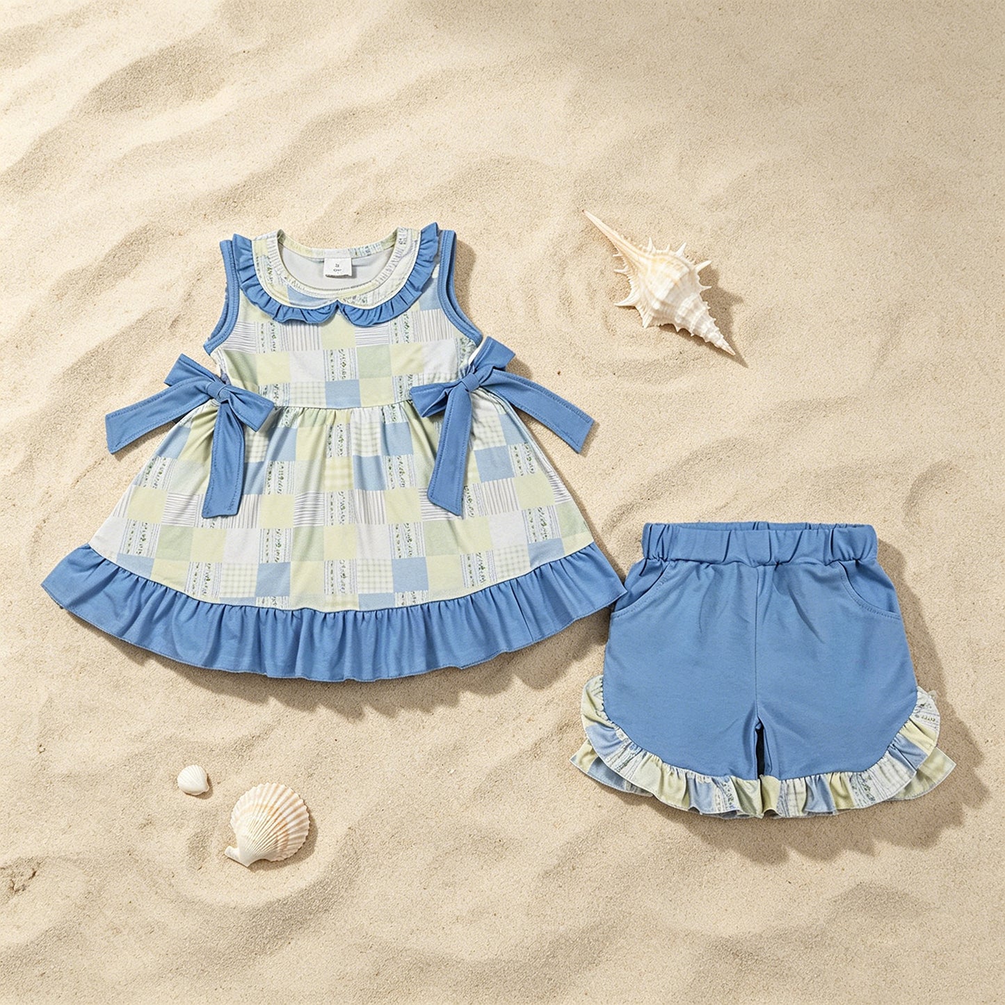 GSSO3439 RTS NO MOQ （In stock ）Sleeveless bow patchwork plaid tunic shorts girls outfits