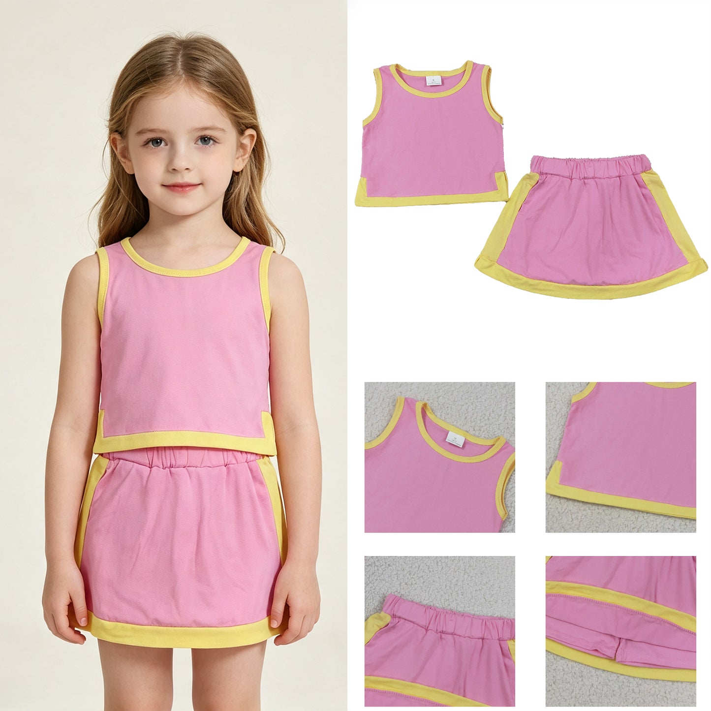 GSD4187 RTS NO MOQ （In stock） yoga fabric Baby Girls Pink Yellow Sleeveless Vest Top Skirt Short Clothes Sets