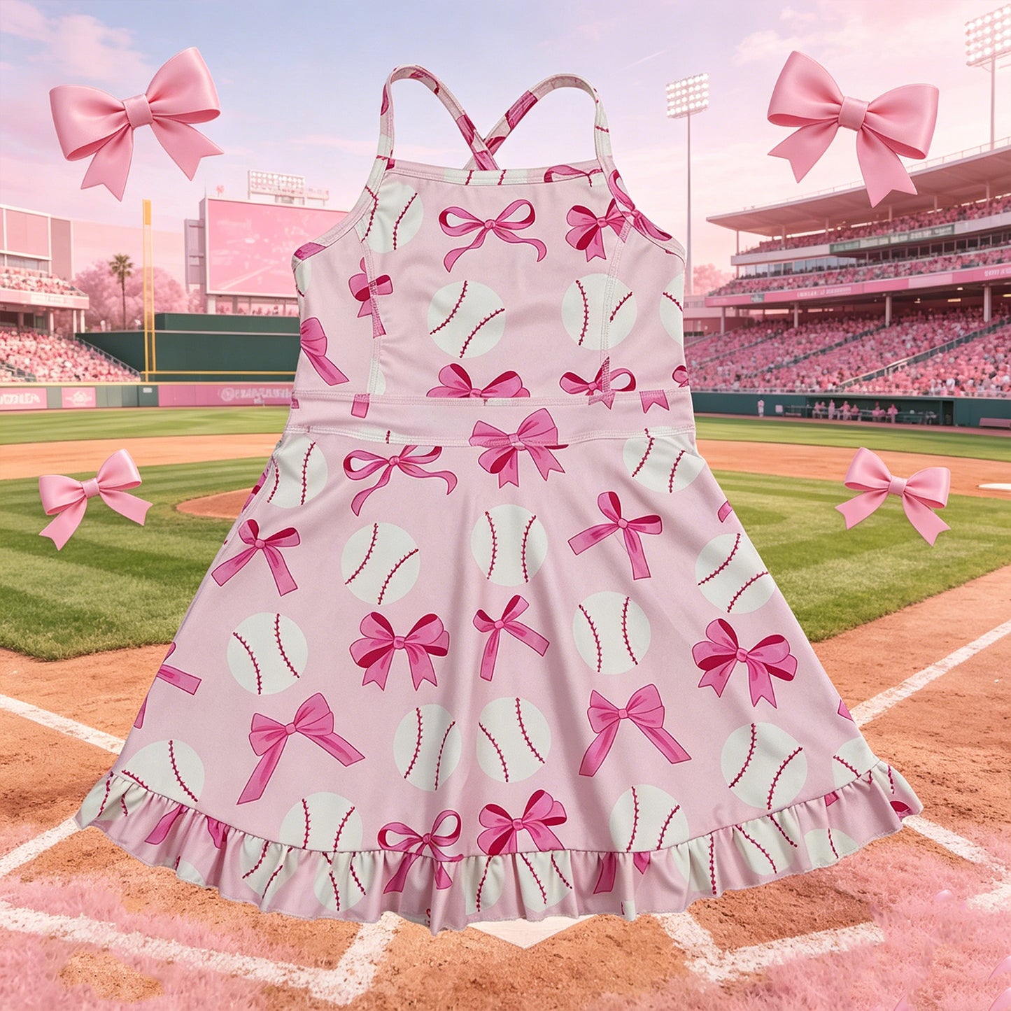 GSD2567 RTS NO MOQ （In stock ）Straps pink bow baseball girls summer athletic dress