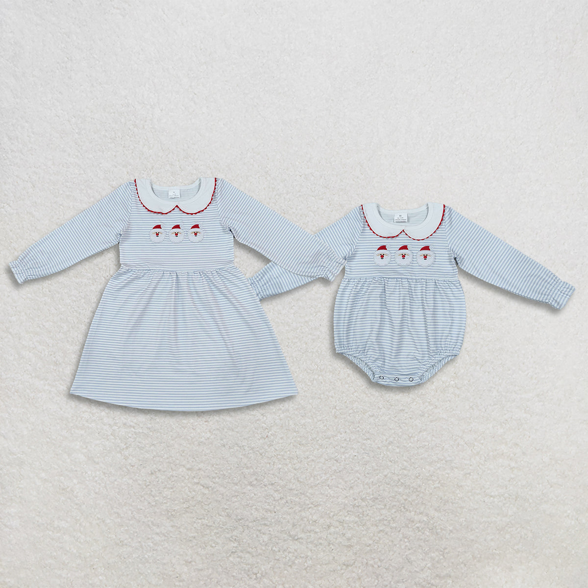 RTS NO MOQ Sibling milk silk Embroidered Baby Girls Christmas Santa Embroidery Stripe Dress And Baby Romper Set