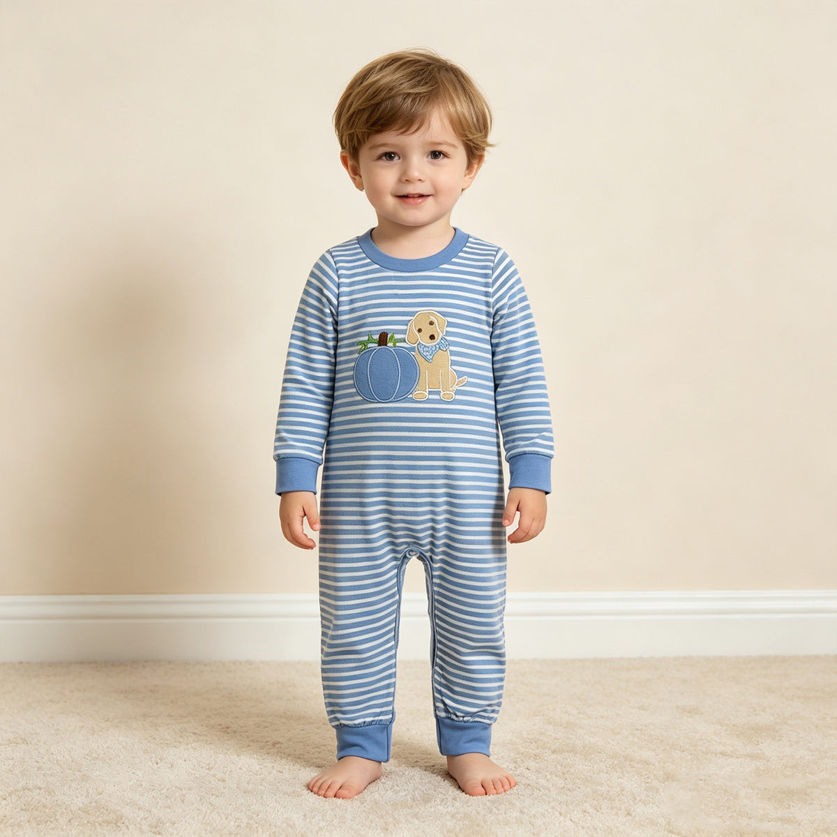 RTS NO MOQ （In stock）milk silk LR3141 Embroidery Pumpkins Dogs Baby Boys Blue Stripe Fall Pant Rompers