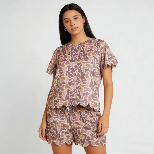 4.9 GSSO3233 RTS NO MOQ （In stock）Khaki camo scallop top shorts adult women summer outfits