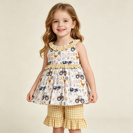 GSSO3071 RTS NO MOQ （In stock ）Sleeveless farm ruffle tunic yellow plaid shorts girls outfits