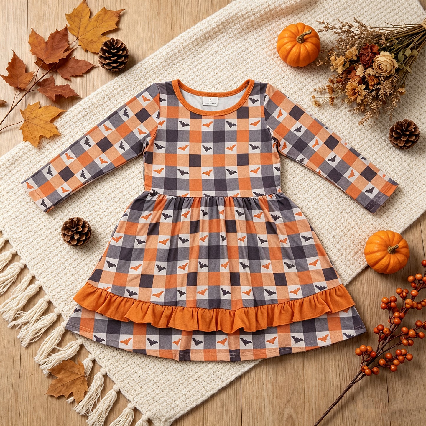 RTS NO MOQ （In stock）milk silk GLD1707 Baby Girls Bats Checked Ruffle Halloweens Knee Length Dress
