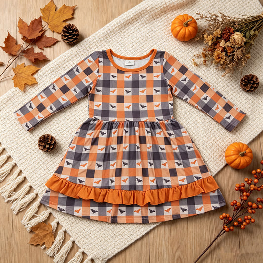 RTS NO MOQ （In stock）milk silk GLD1707 Baby Girls Bats Checked Ruffle Halloweens Knee Length Dress