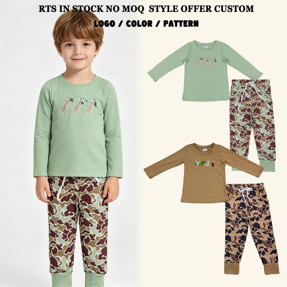 RTS NO MOQ Sibling milk silk Embroidery Dogs Ducks Thanksgiving Baby Boys Top Camo Pockets Joggers Hunting Clothes Sets