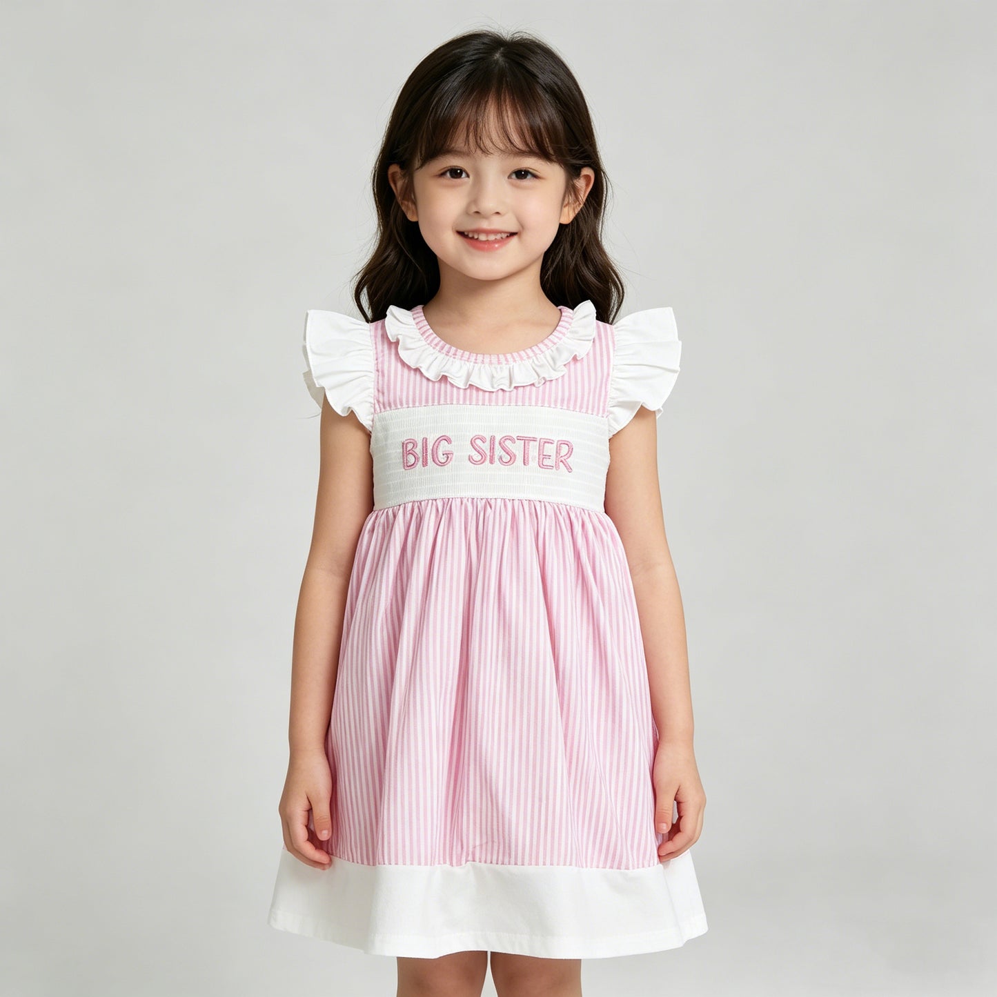 4.14 GSD3153 RTS NO MOQ （In stock）Flutter sleeves big sister smocked stripe girls dresses